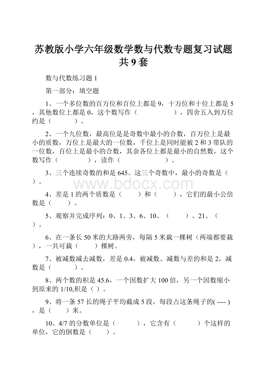 苏教版小学六年级数学数与代数专题复习试题共9套.docx_第1页