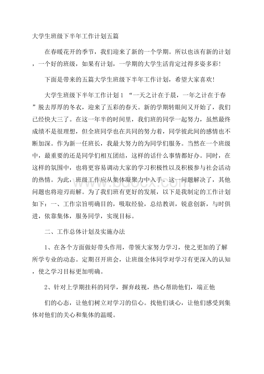 大学生班级下半年工作计划五篇.docx_第1页