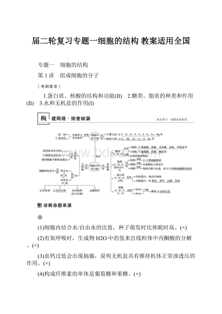 届二轮复习专题一细胞的结构 教案适用全国.docx