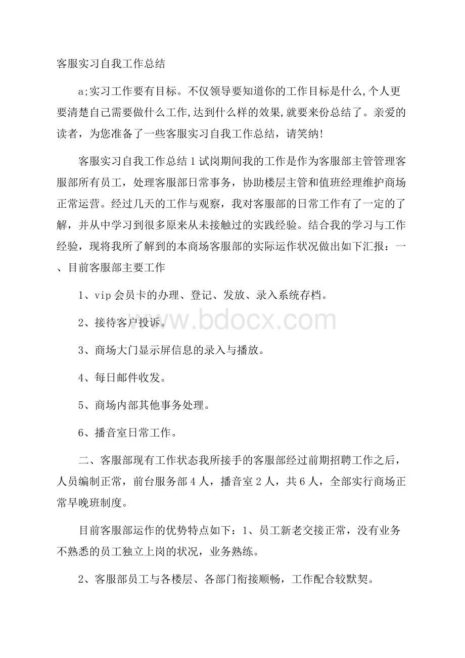 客服实习自我工作总结.docx