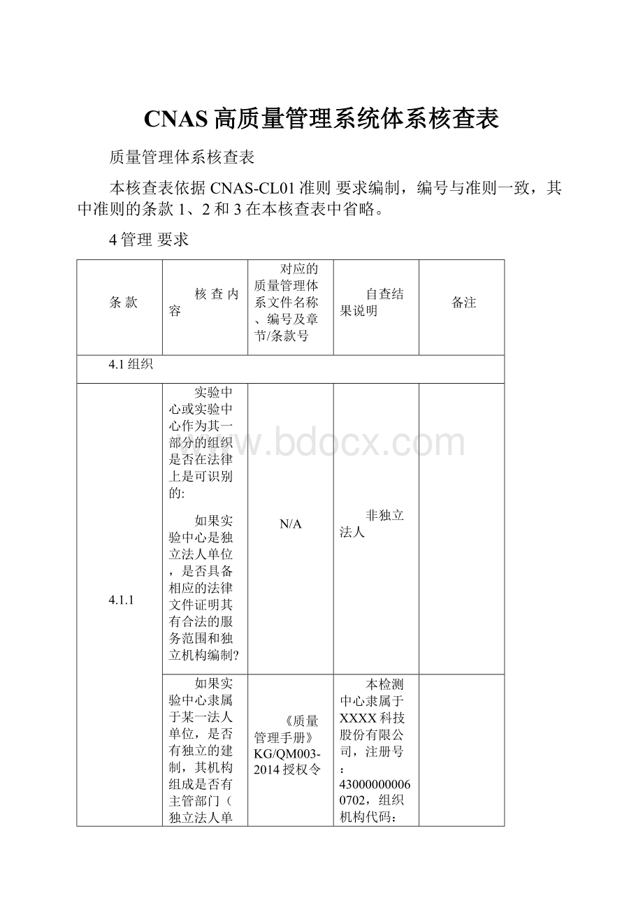 CNAS高质量管理系统体系核查表.docx