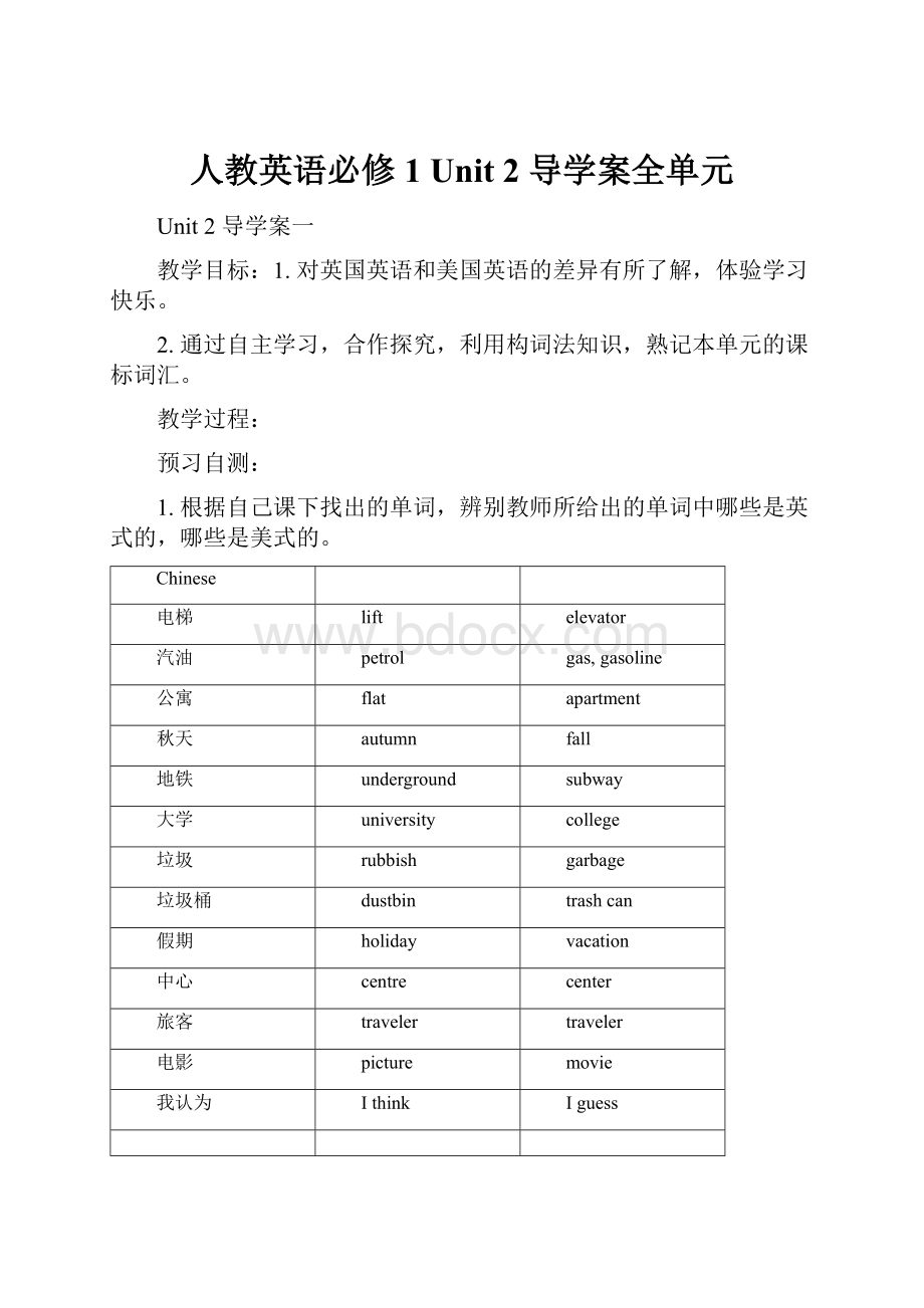 人教英语必修1 Unit 2 导学案全单元.docx_第1页