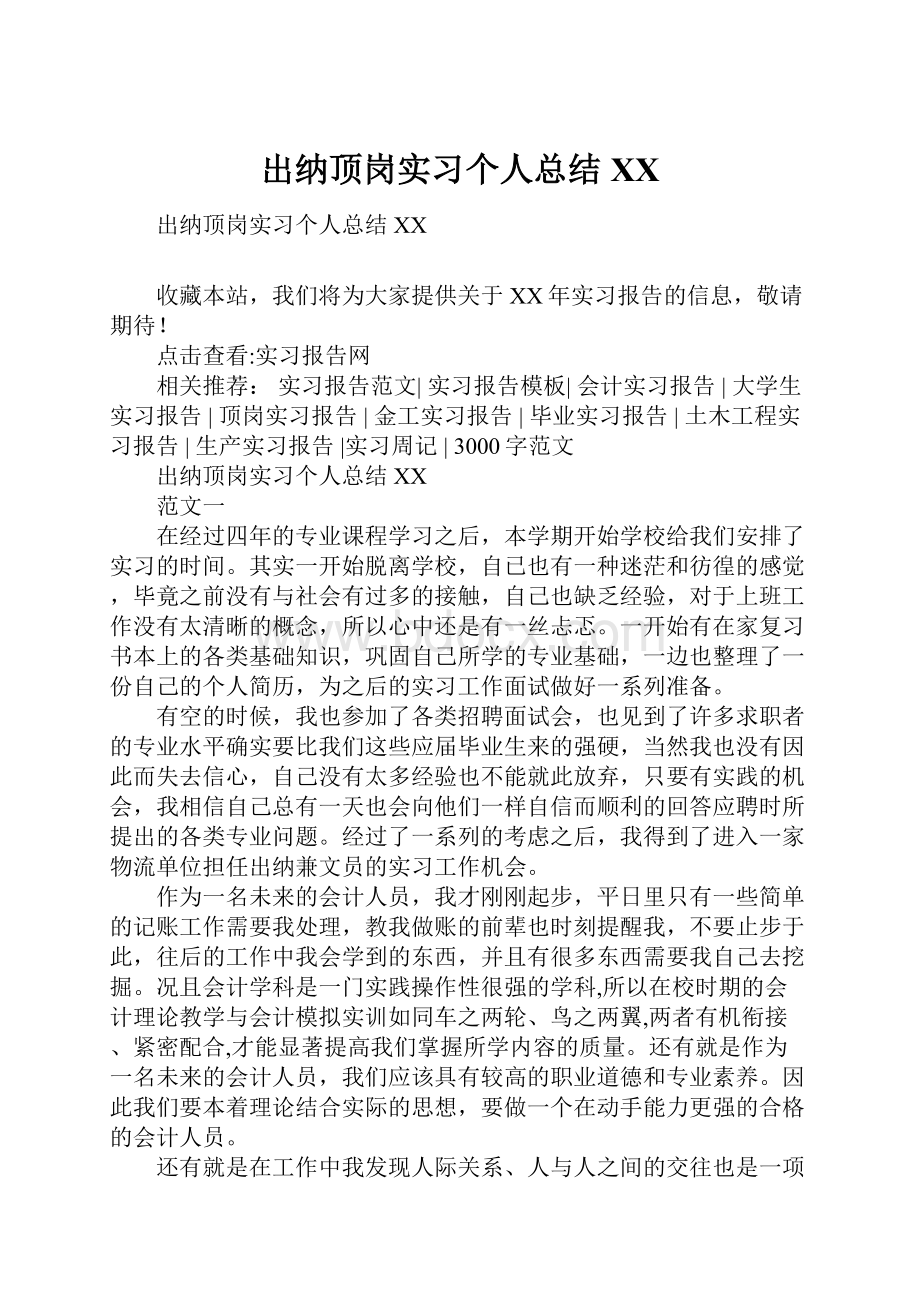 出纳顶岗实习个人总结XX.docx