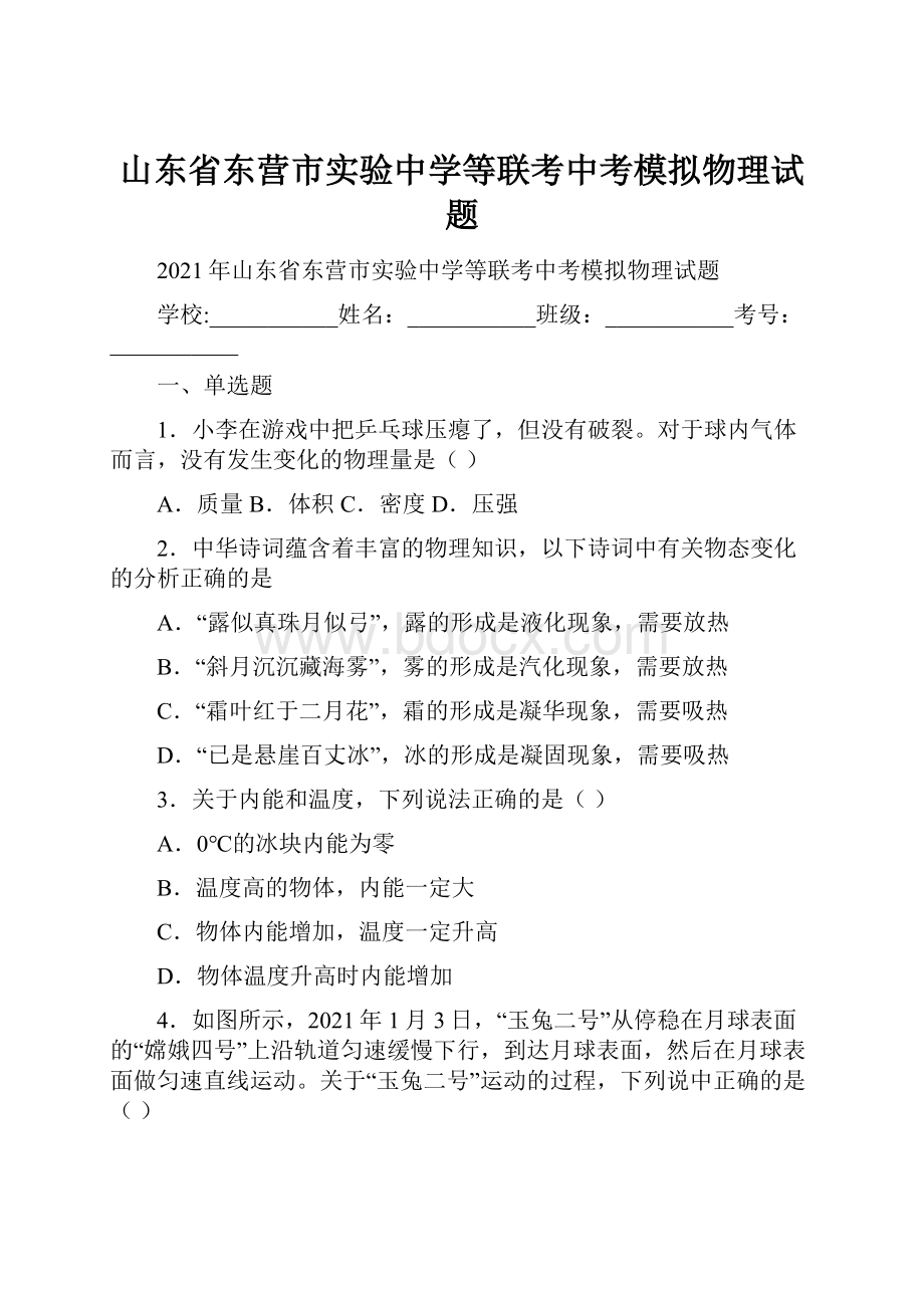 山东省东营市实验中学等联考中考模拟物理试题.docx