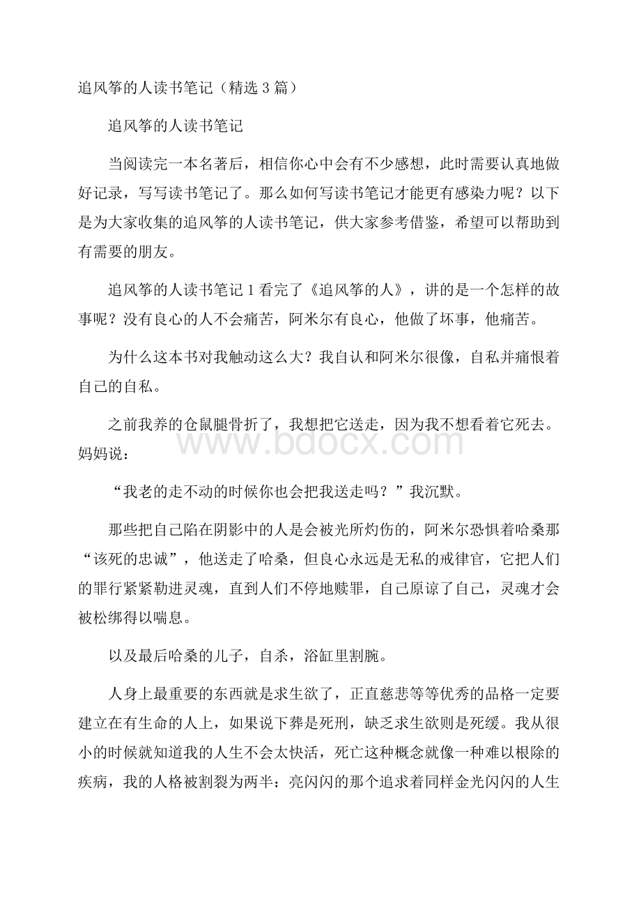 追风筝的人读书笔记(精选3篇).docx_第1页