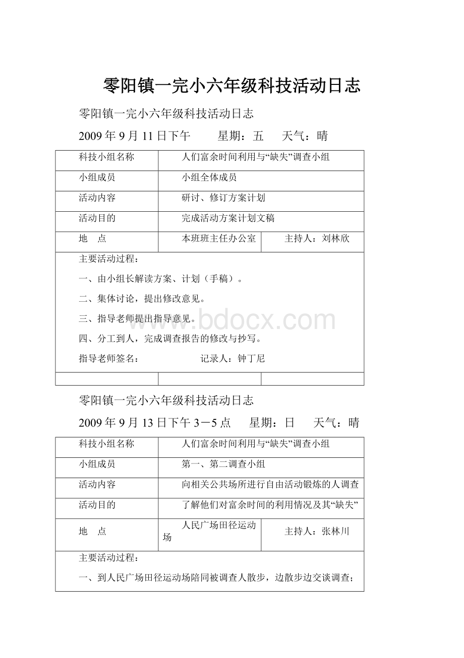 零阳镇一完小六年级科技活动日志.docx_第1页