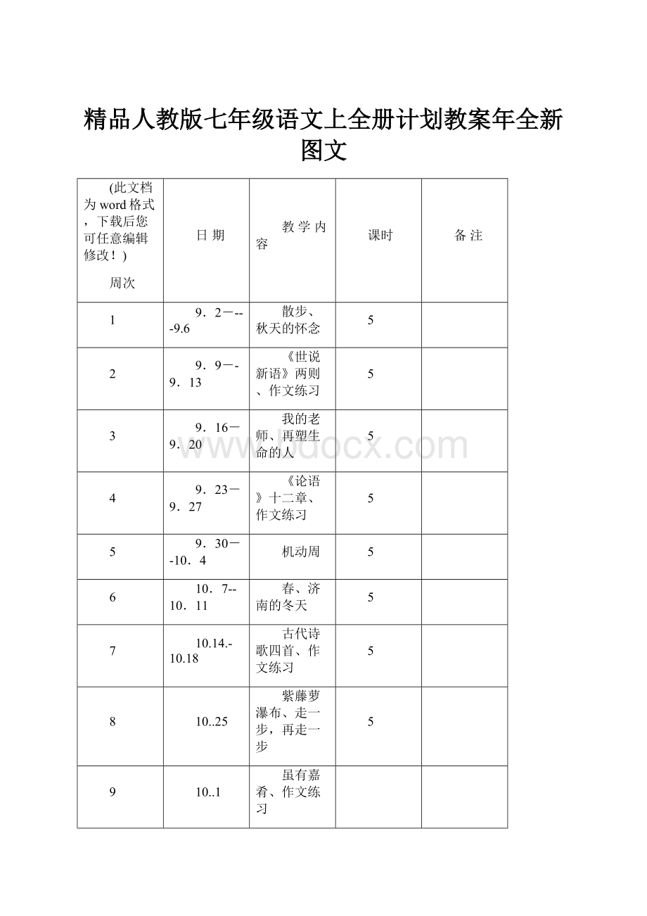 精品人教版七年级语文上全册计划教案年全新图文.docx_第1页