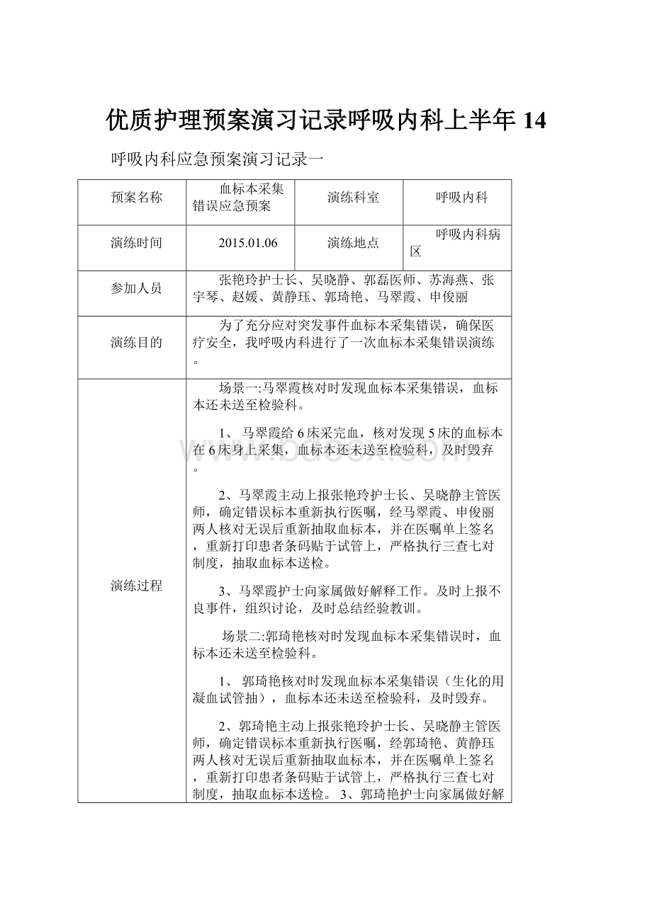 优质护理预案演习记录呼吸内科上半年14.docx