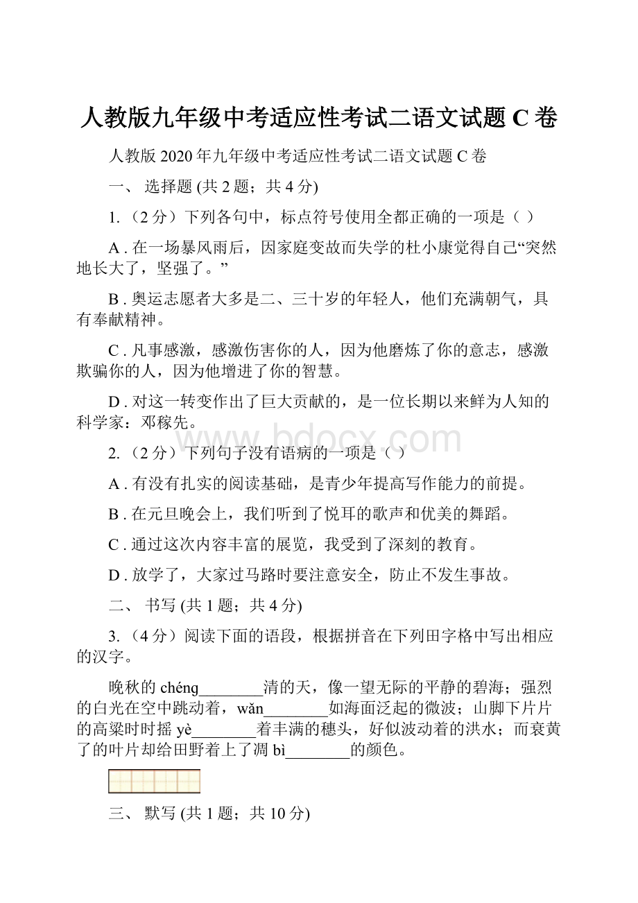 人教版九年级中考适应性考试二语文试题C卷.docx