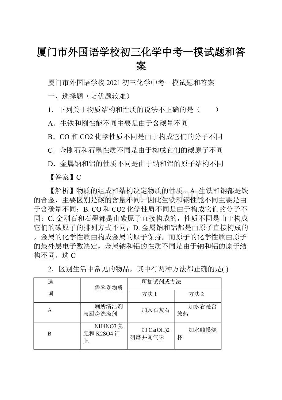 厦门市外国语学校初三化学中考一模试题和答案.docx