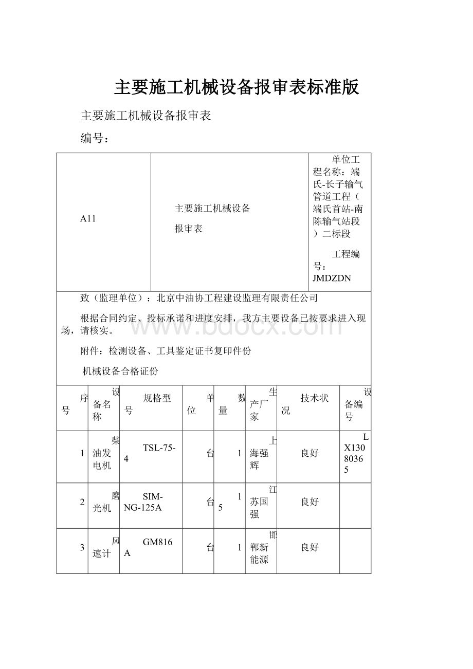 主要施工机械设备报审表标准版.docx