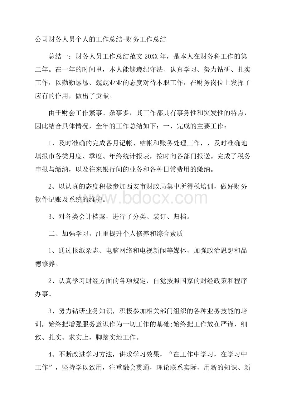 公司财务人员个人的工作总结财务工作总结.docx