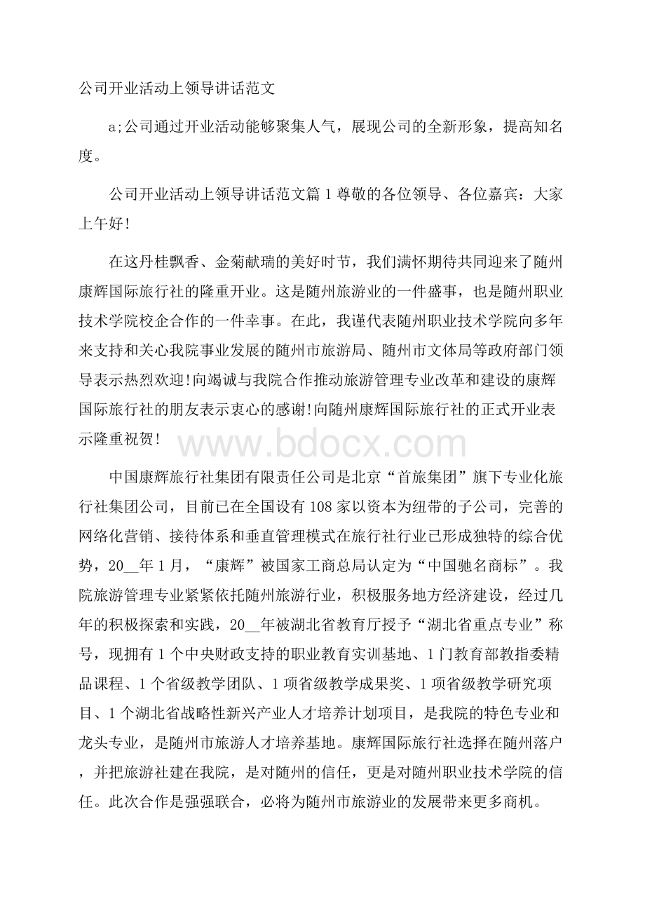 公司开业活动上领导讲话范文.docx