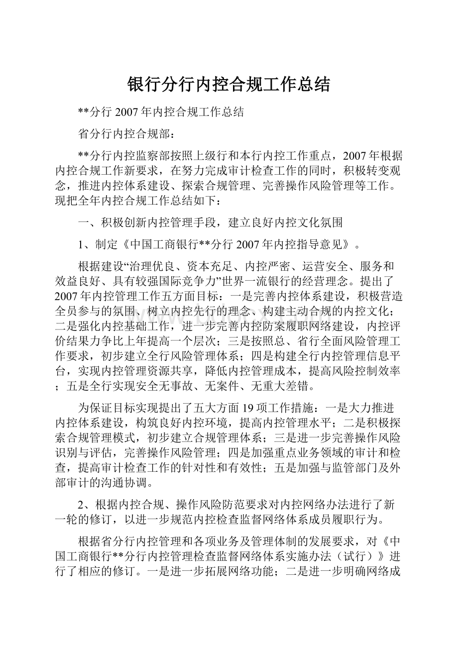 银行分行内控合规工作总结.docx_第1页