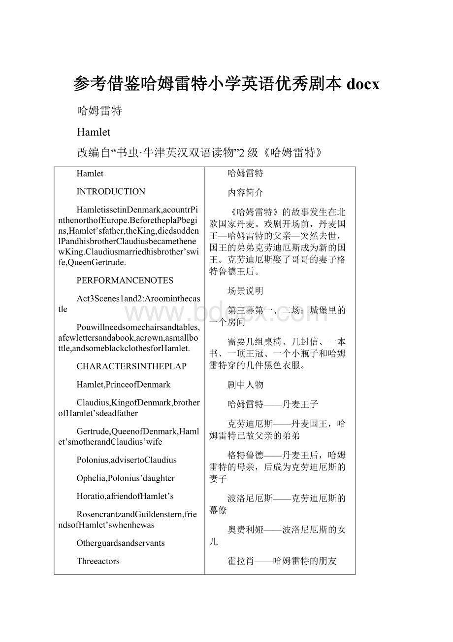 参考借鉴哈姆雷特小学英语优秀剧本docx.docx_第1页