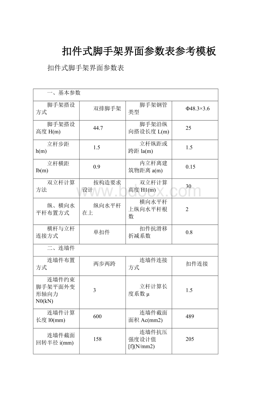 扣件式脚手架界面参数表参考模板.docx