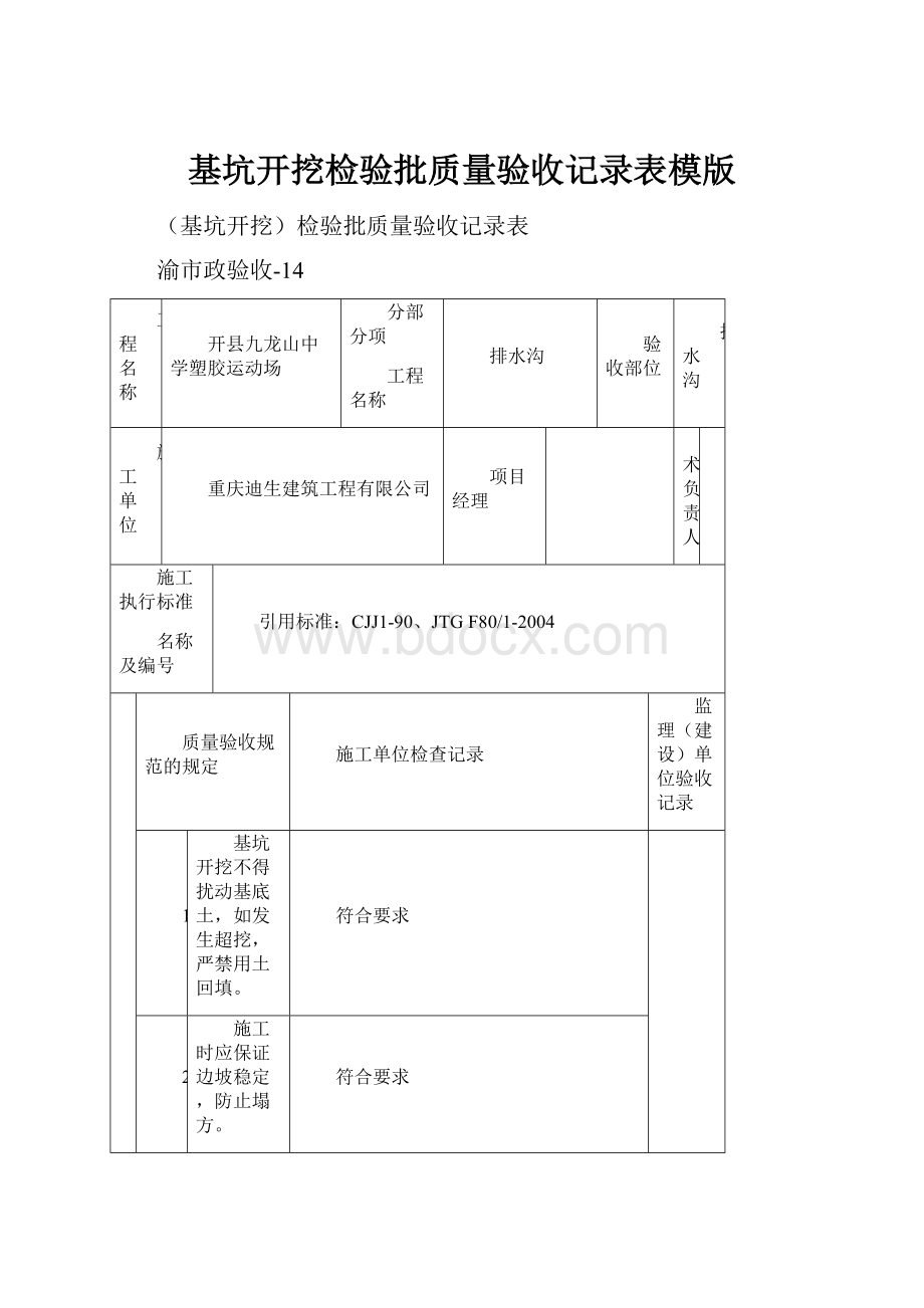 基坑开挖检验批质量验收记录表模版.docx_第1页