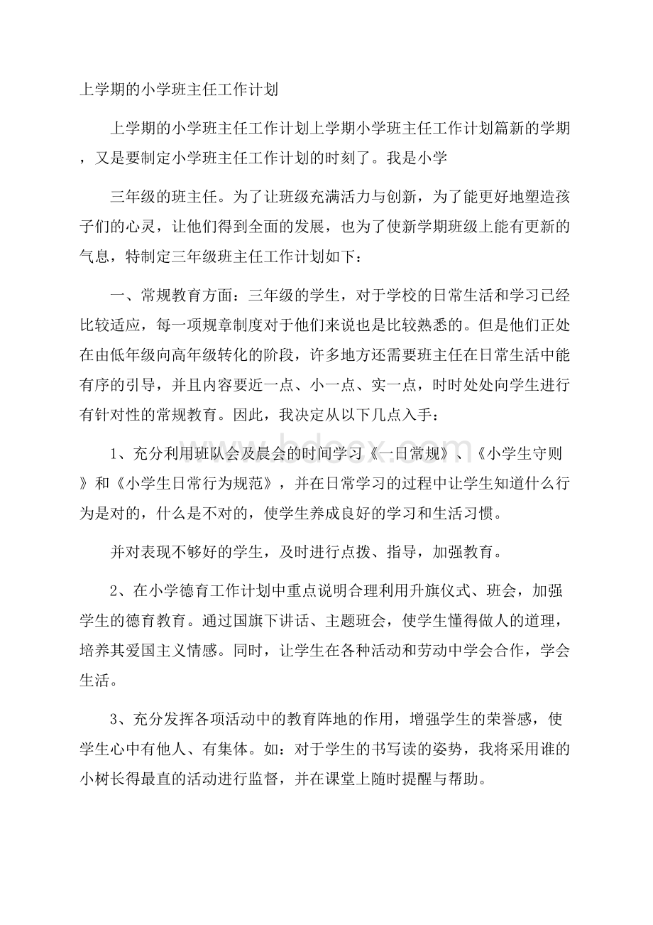 上学期的小学班主任工作计划.docx