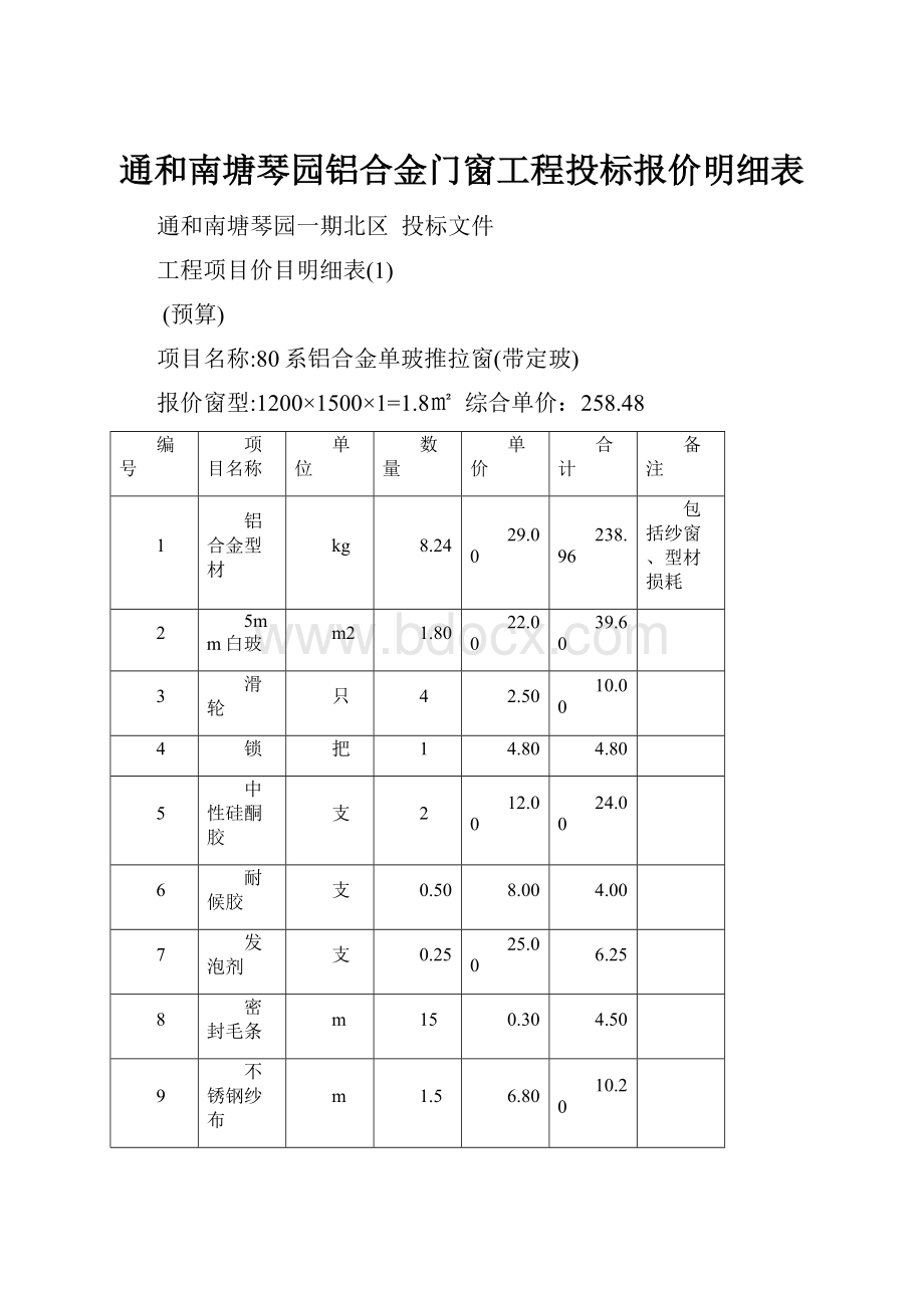 通和南塘琴园铝合金门窗工程投标报价明细表.docx_第1页