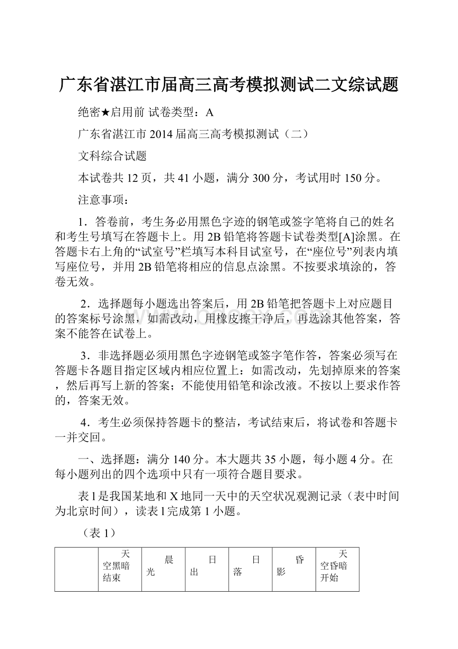 广东省湛江市届高三高考模拟测试二文综试题.docx