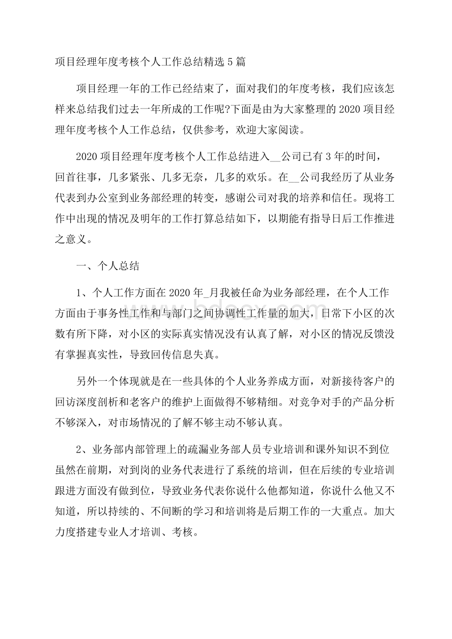 项目经理年度考核个人工作总结精选5篇.docx_第1页