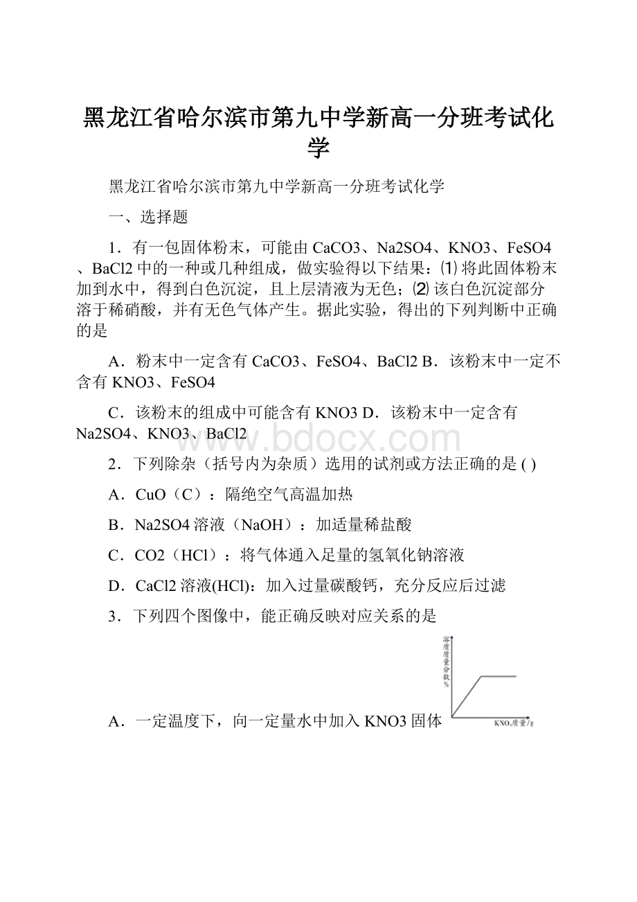 黑龙江省哈尔滨市第九中学新高一分班考试化学.docx