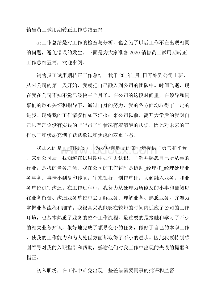 销售员工试用期转正工作总结五篇.docx