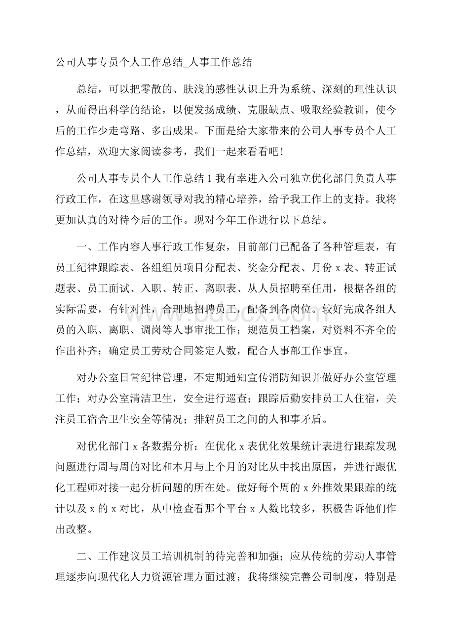 公司人事专员个人工作总结_人事工作总结.docx