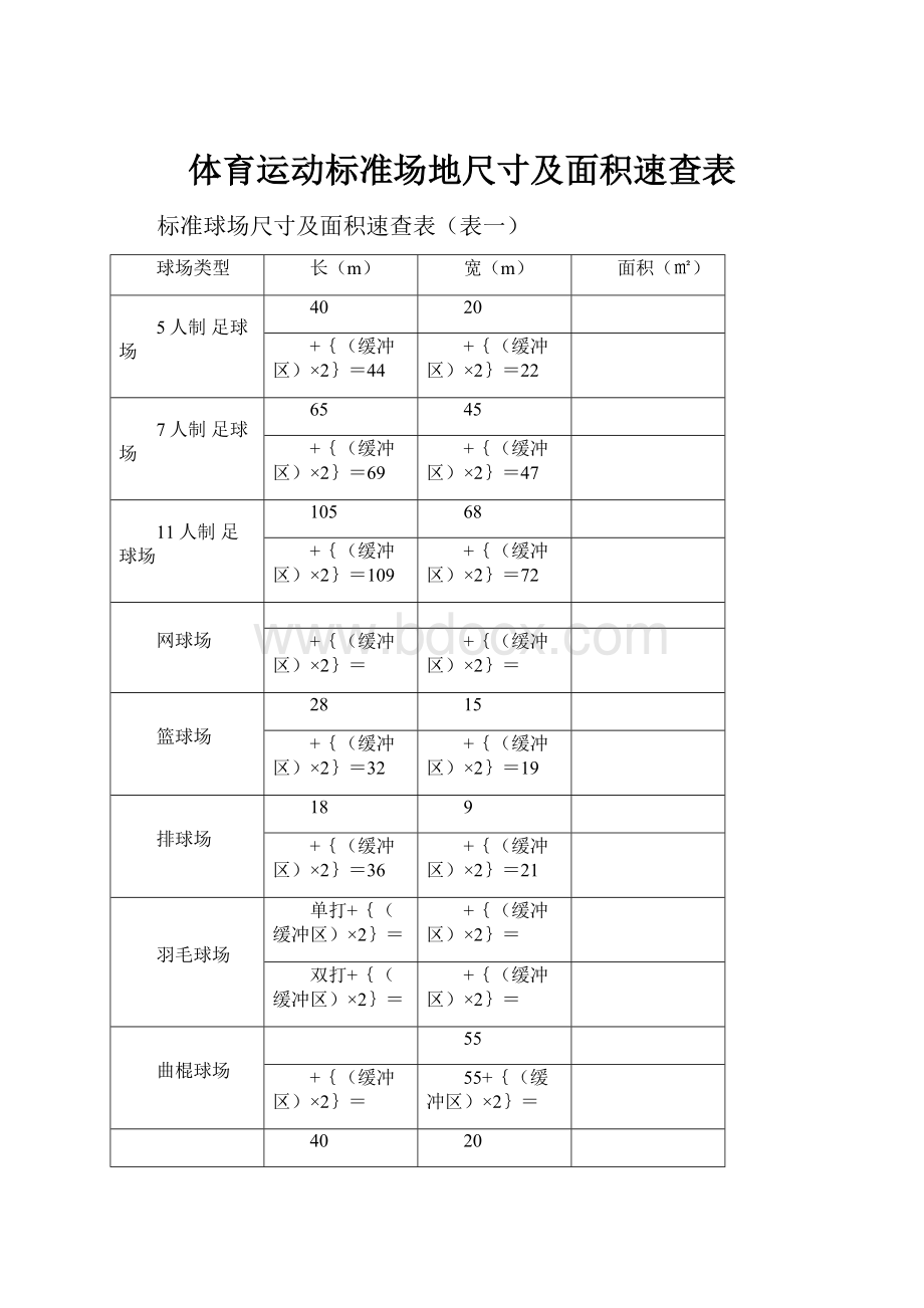 体育运动标准场地尺寸及面积速查表.docx