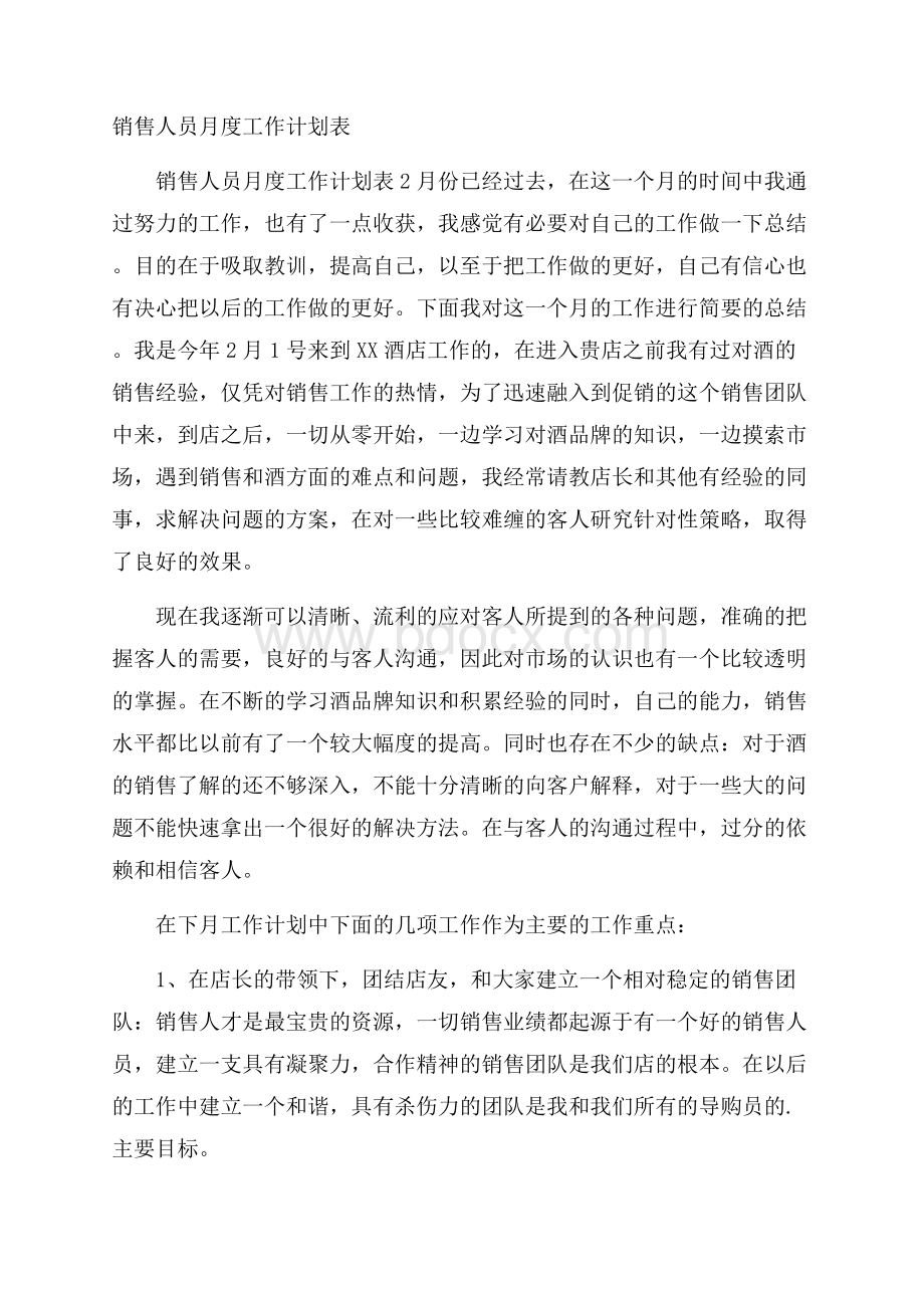 销售人员月度工作计划表.docx