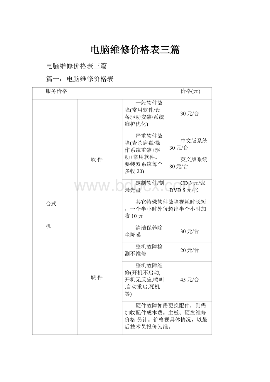 电脑维修价格表三篇.docx_第1页