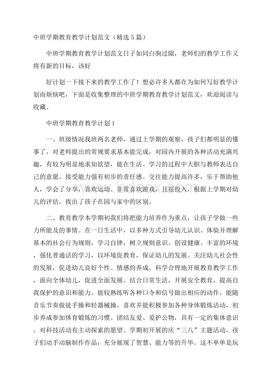 中班学期教育教学计划范文(精选5篇).docx