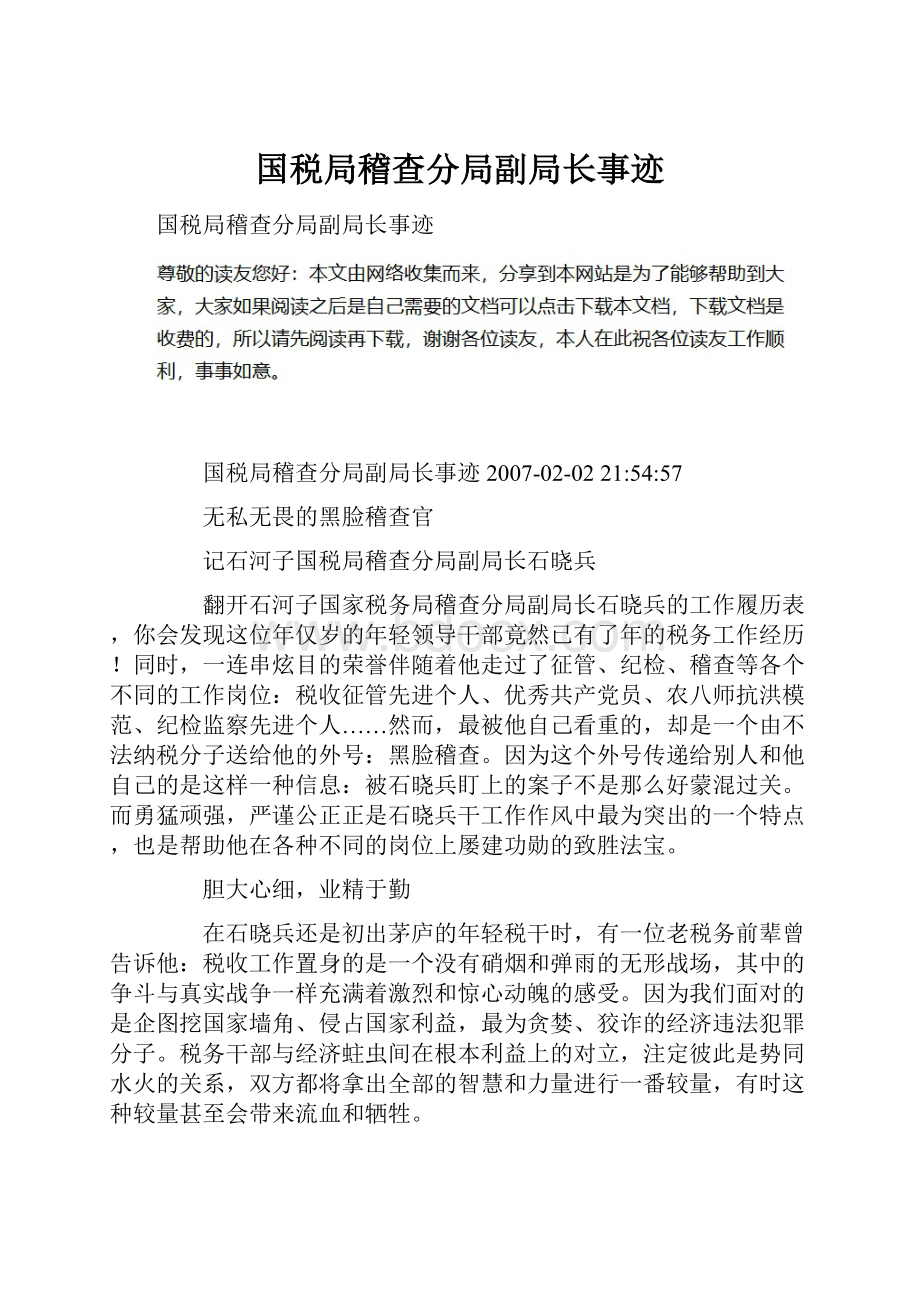 国税局稽查分局副局长事迹.docx_第1页