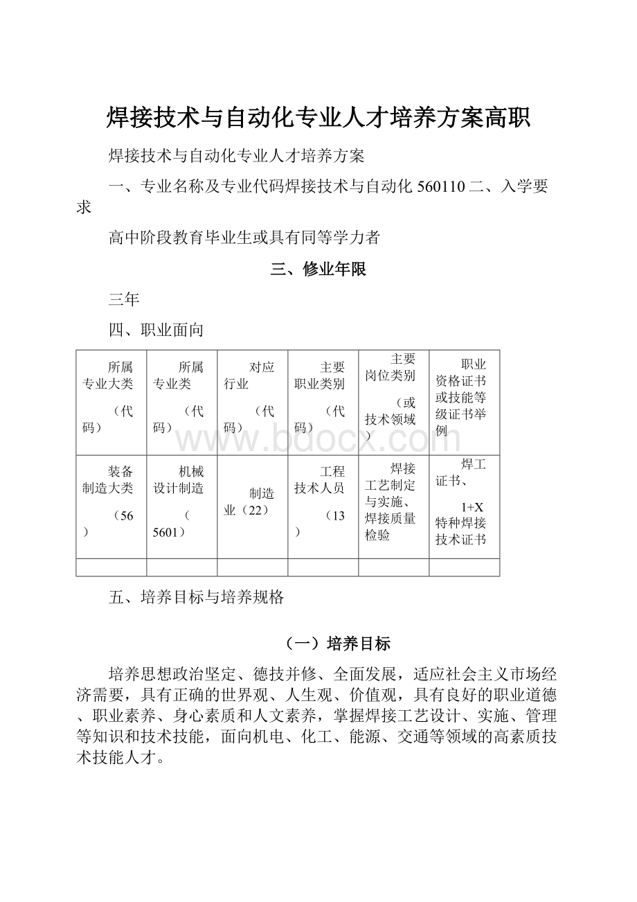 焊接技术与自动化专业人才培养方案高职.docx_第1页