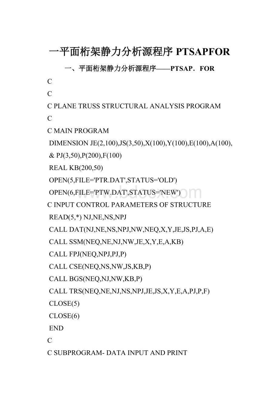 一平面桁架静力分析源程序PTSAPFOR.docx_第1页