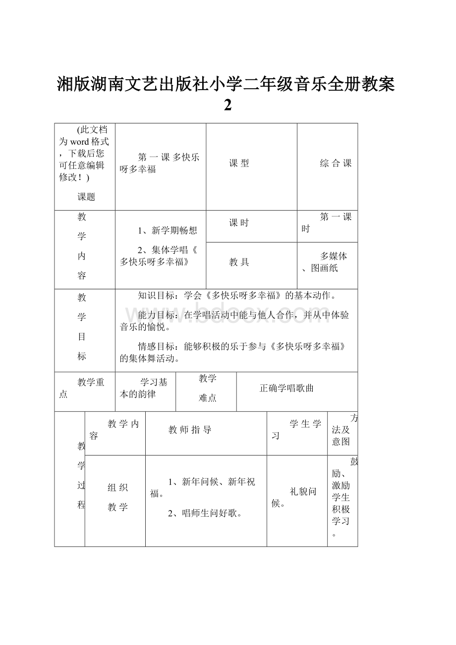 湘版湖南文艺出版社小学二年级音乐全册教案2.docx