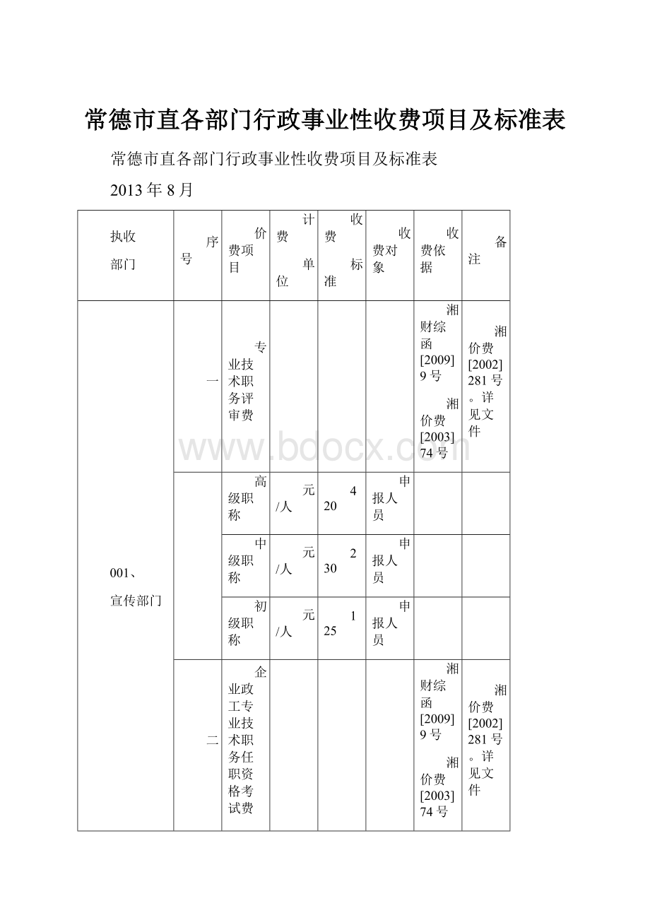 常德市直各部门行政事业性收费项目及标准表.docx