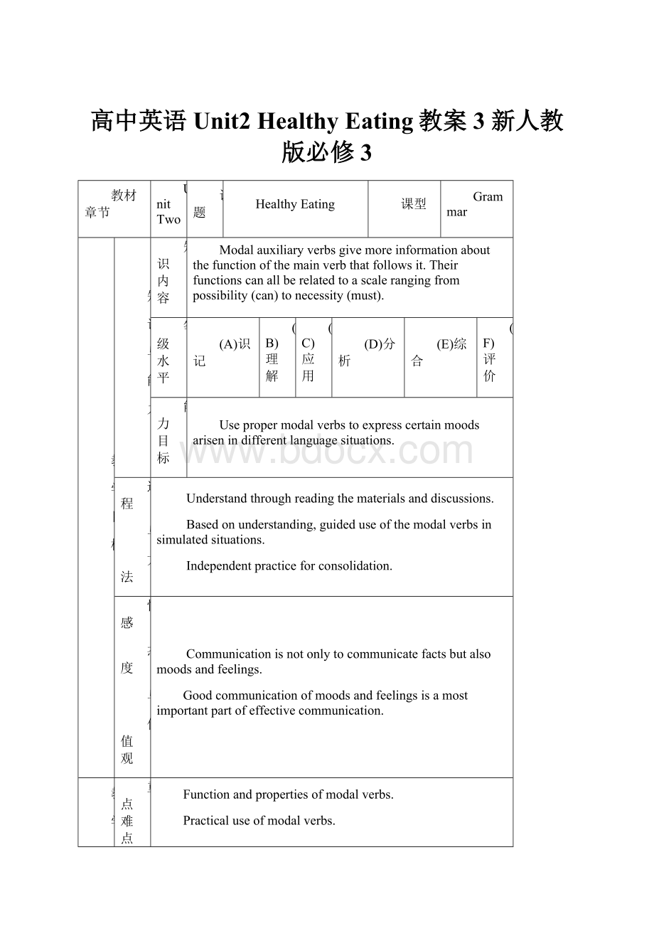 高中英语 Unit2 Healthy Eating教案3 新人教版必修3.docx_第1页