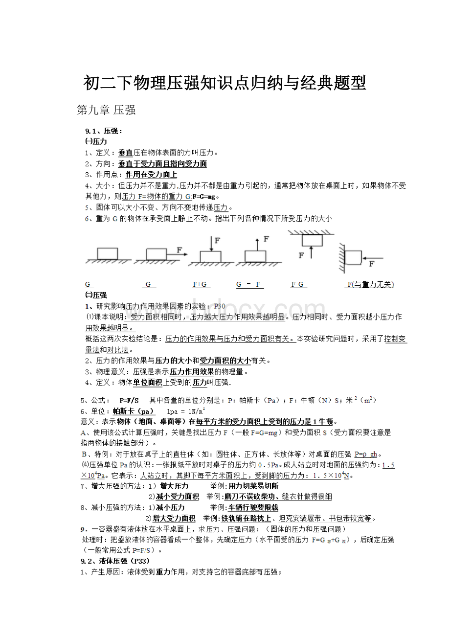 初二下物理压强知识点归纳与经典题型.docx