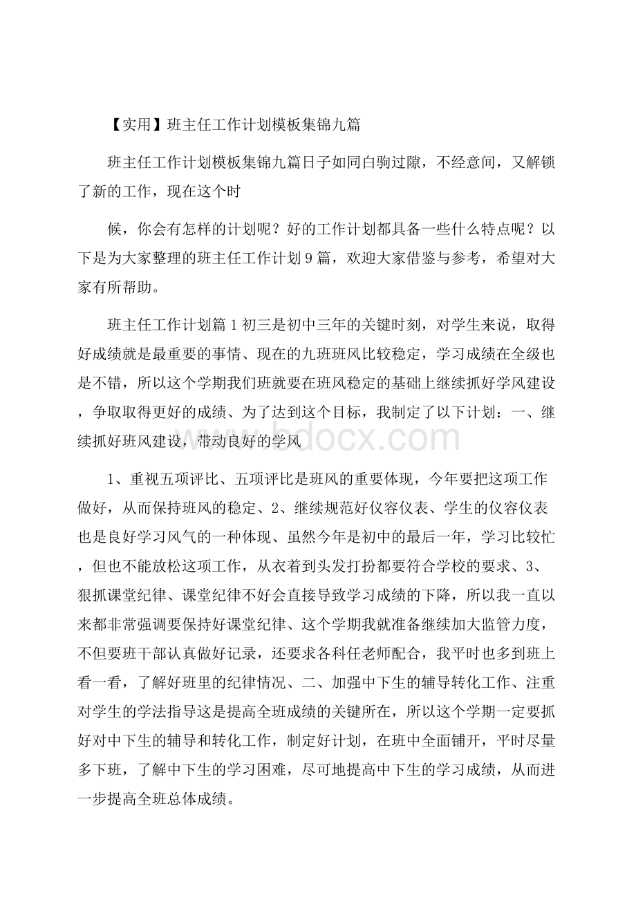 实用班主任工作计划模板集锦九篇.docx