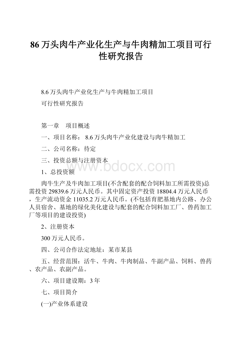 86万头肉牛产业化生产与牛肉精加工项目可行性研究报告.docx_第1页