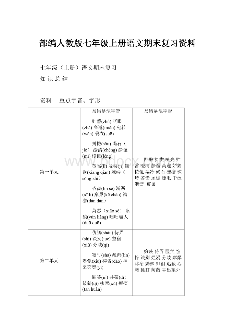 部编人教版七年级上册语文期末复习资料.docx_第1页