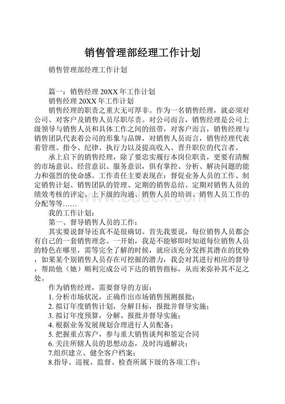 销售管理部经理工作计划.docx_第1页