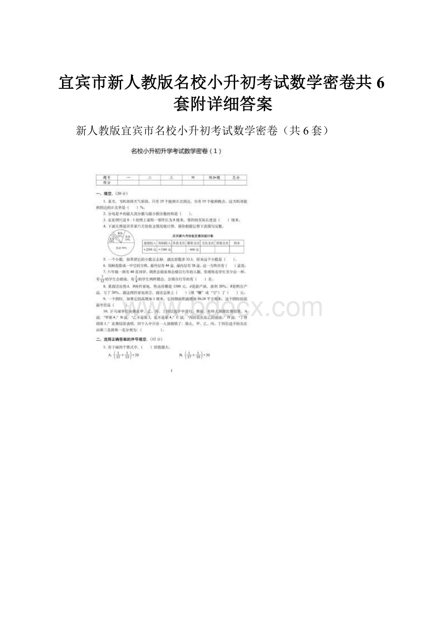 宜宾市新人教版名校小升初考试数学密卷共6套附详细答案.docx