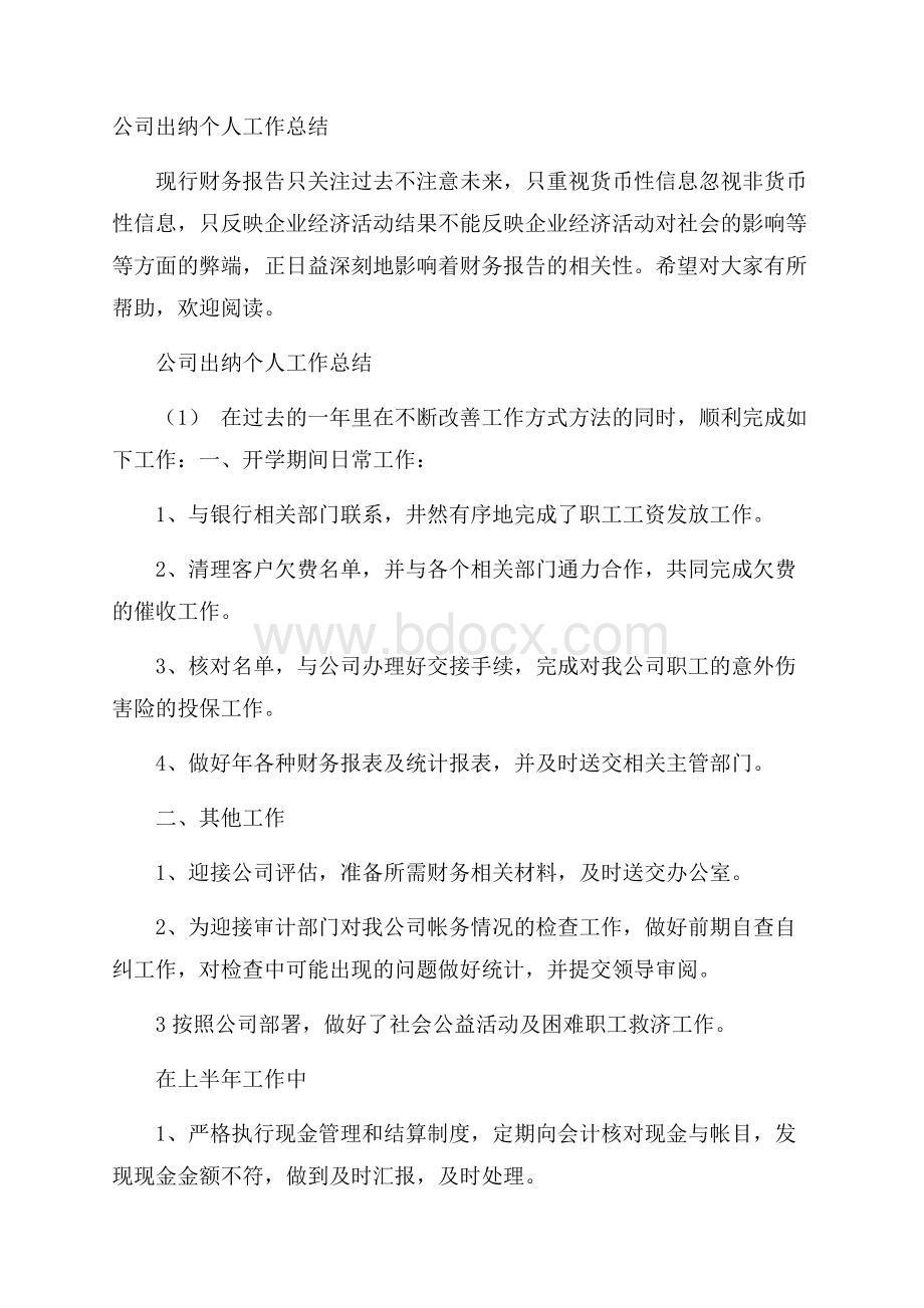 公司出纳个人工作总结.docx_第1页