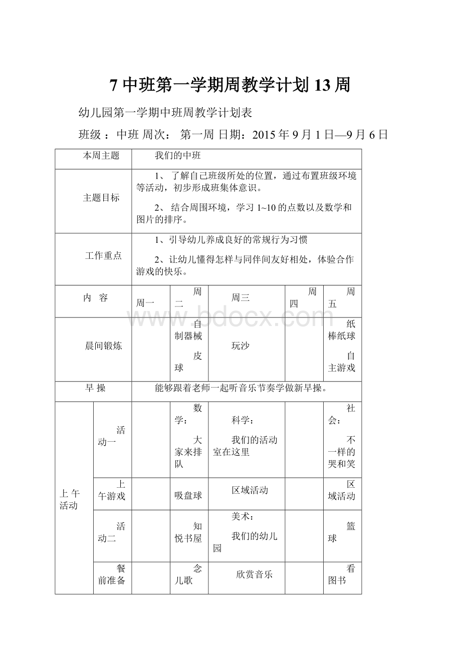 7中班第一学期周教学计划 13周.docx_第1页