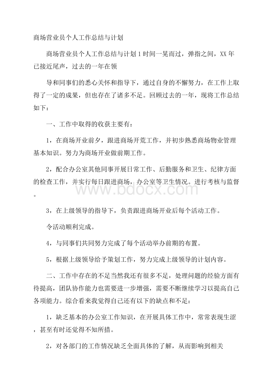 商场营业员个人工作总结与计划.docx_第1页