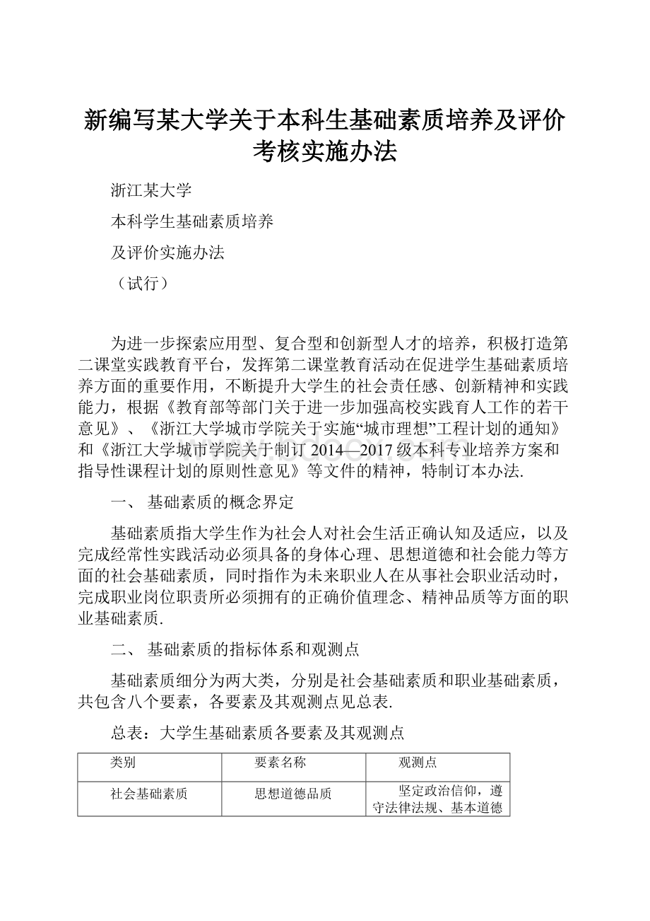 新编写某大学关于本科生基础素质培养及评价考核实施办法.docx