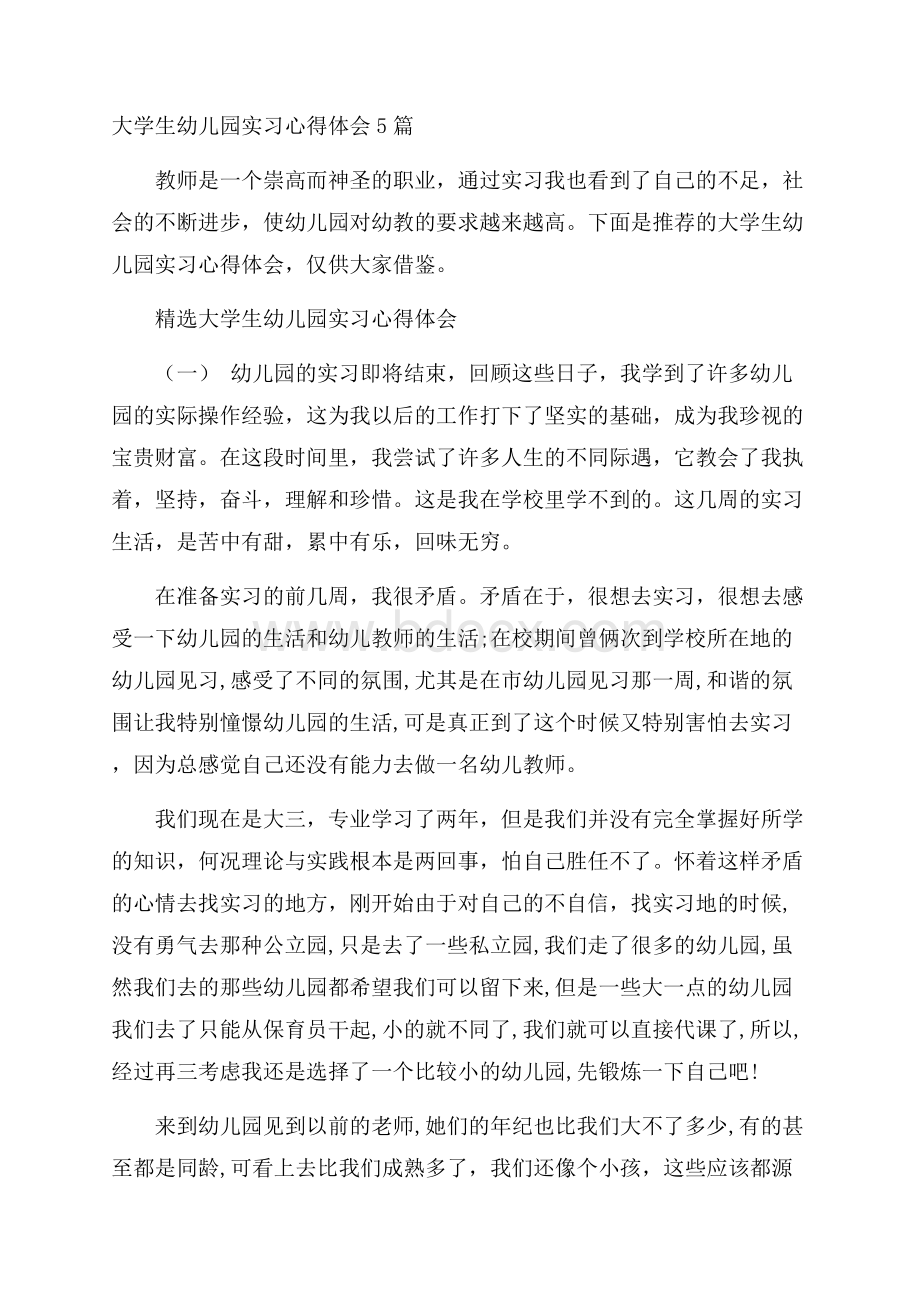 大学生幼儿园实习心得体会5篇.docx