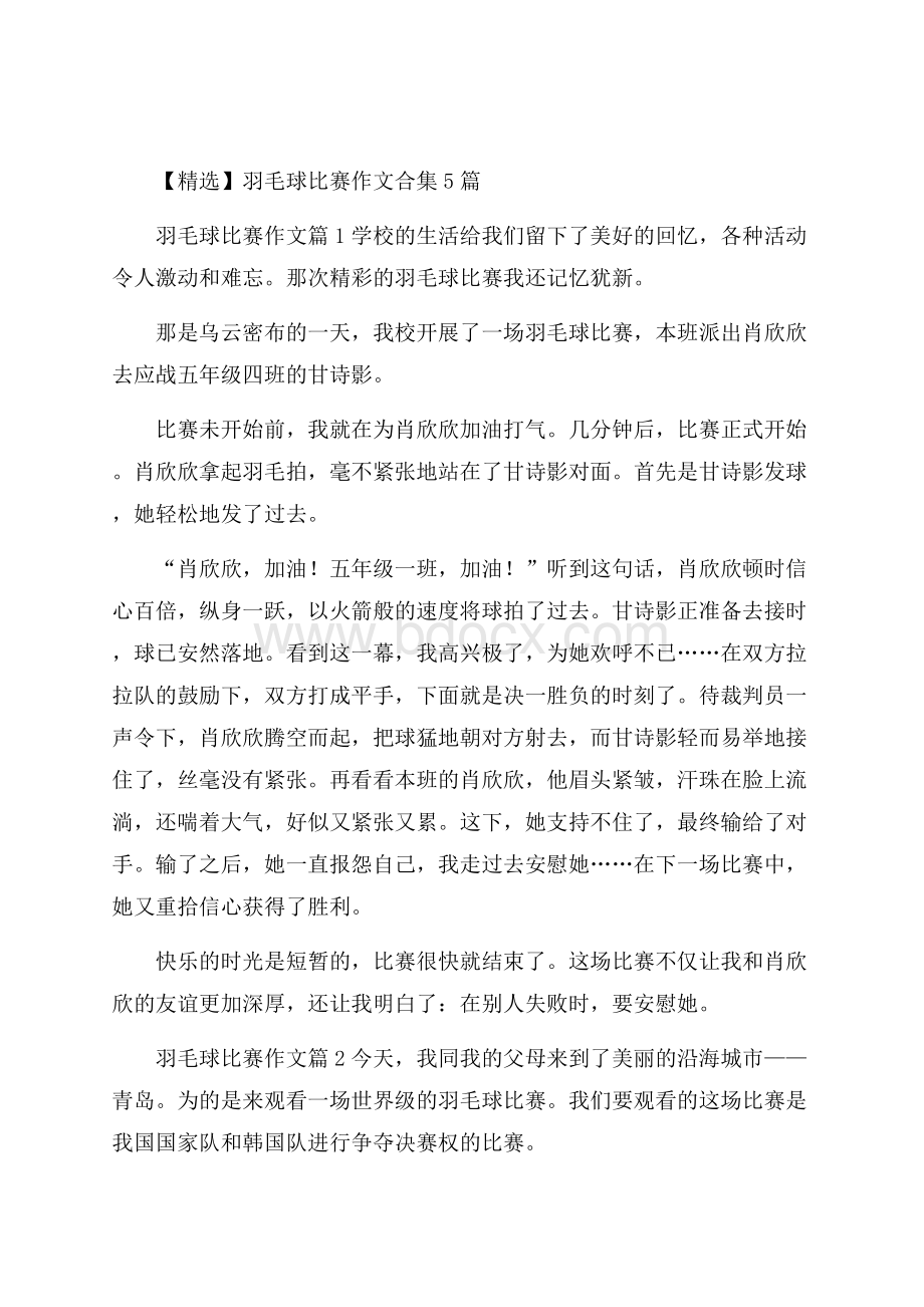 精选羽毛球比赛作文合集5篇.docx